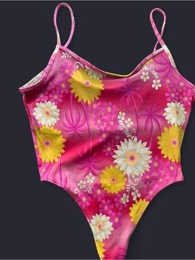 Pink Floral One-Piece Swimsuit with Yellow & White Flowers